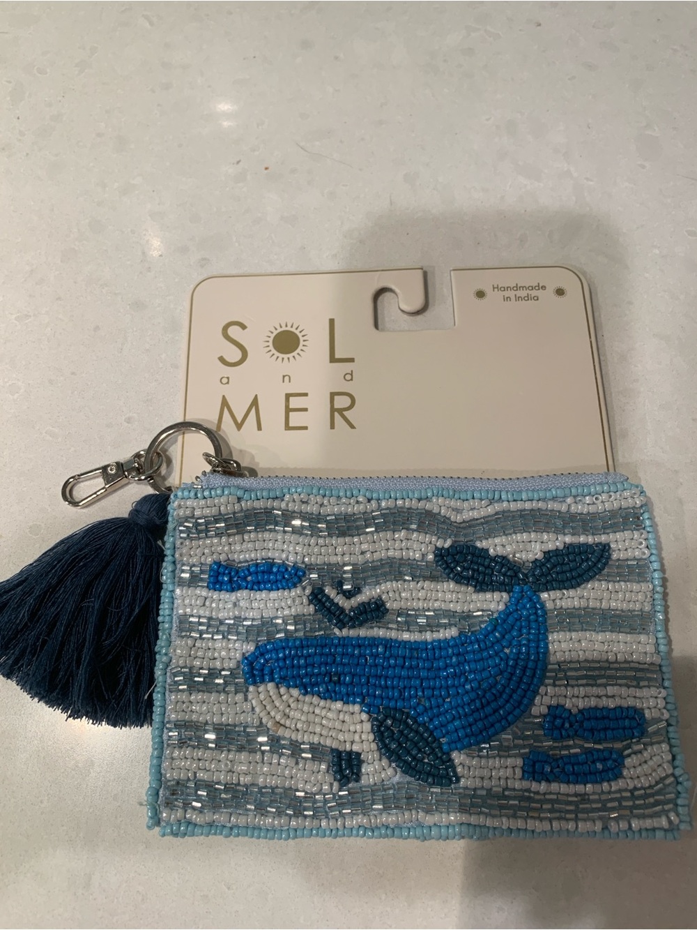 SOL and MER Beaded Whale Coin Pouch in Blue Silver White Beads With Tassel NWT